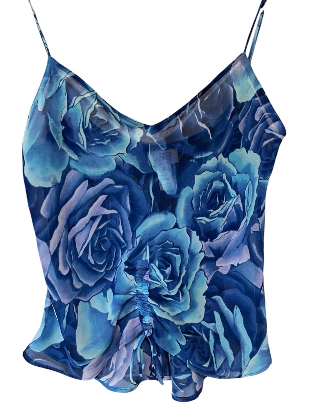 VINTAGE Y2K La Senza Blue Watercolor Rose Sheer Cinch Front Cami Top Size Med